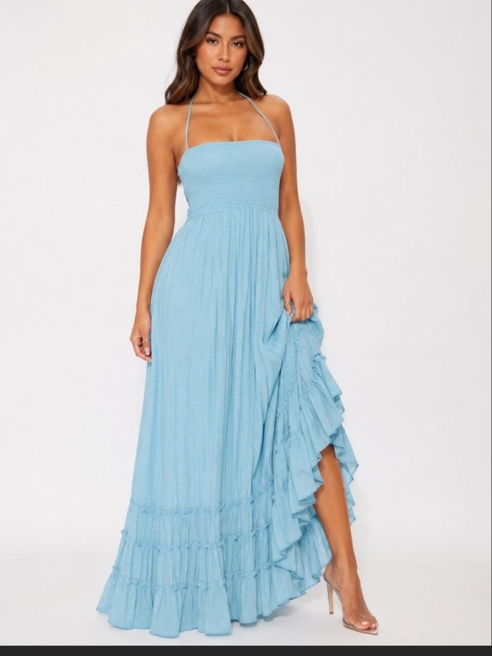 Fashion Nova Sky Blue Smocked Halter Tiered Maxi Dress
